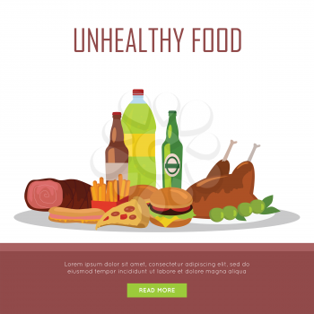 Unhealthy food banner isolated on white background. Junk food. Consumption of high-calorie nourishment fast food. Part of series of promotion healthy diet and good fit. Vector illustration