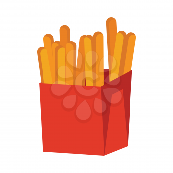 French fries isolated on white. Crispy potatoes in red paper bag. Junk unhealthy food. Consumption of high calories nourishment fast food. Part of series of promotion healthy diet and good fit. Vector