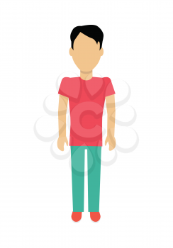 Male character without face in red t-shirt and green pants vector in flat design. Man template personage figure illustration for concepts, logos, infographic. Isolated on white background.