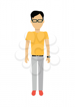 Male character without face in yellow t-shirt vector. Flat design. Man template personage illustration for concepts with humans, mobile app pictogram, logos, infographic. Isolated on white background.