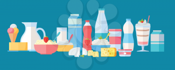 Set of milk products vector illustrations Flat design. Healthy food and diet. Collection of traditional dairy food for farm, grocery store, and food delivery services ad, prints, logos, web design
