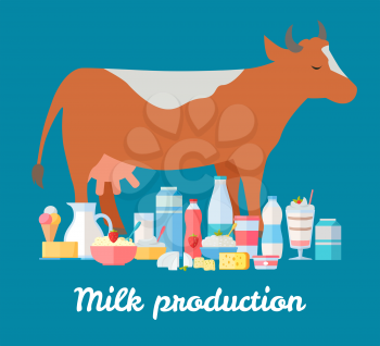 Traditional dairy products from cow s milk. Different dairy products near brown cow on blue background. Natural farm food concept. Assortment of dairy products. Vector illustration in flat style.