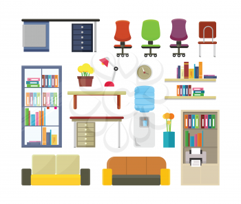 Set of modern office furniture illustrations. Elements of business interior. Table, chair, sofa, shelves, boiler, rack, flowers, clock, lamp in flat style. For design concepts icons infographics 