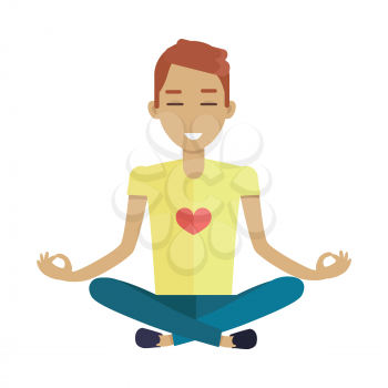Young man in yellow shirt and blue pants making meditation in lotus pose. Zen man in yoga pose. Meditating man. Isolated object in flat design on white background.
