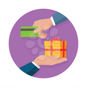 Buying gifts vector in flat design. Surprise in colored box with ribbon. Shopping, sales, discount concept. Man hands with packed present and credit card. For decoration, event management companies ad