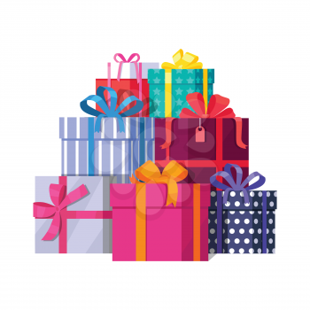 Big pile of colorful wrapped gift boxes. Mountain gifts. Beautiful present box with overwhelming bow. Gift box icon. Gift symbol. Christmas gift box. Isolated vector illustration