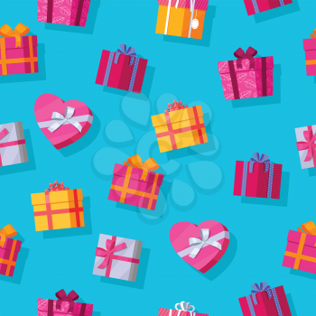 Seamless pattern gift boxes. Colorful wrapped gift boxes. Beautiful present box with overwhelming bow. Various gift boxes on blue background. Gift symbol. Christmas gift box. Vector illustration