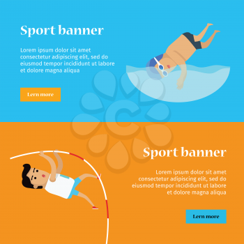 Swimming and pole vault sports banners. Swimmer in goggles and cap in swimming pool. Male athlete in sports uniform performing a pole vault. Species of event. Summer games background