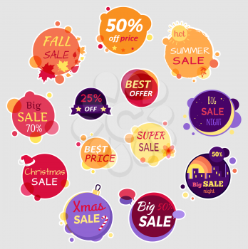Collection of sale elements. Fall sale, off price, best offer, big sale night, summer sale, big sale, best price, christmas sale, xmas sale. Set of advertising coupon, badges, labels and stickers.