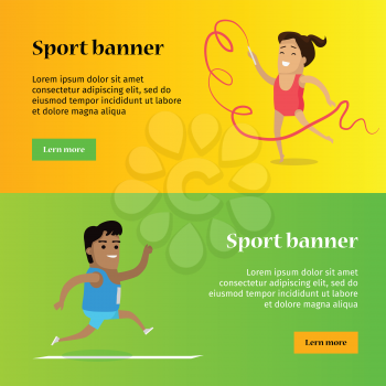 Sport banner. Artistic gymnastics and athletics sport template. Summer games colorful banner. Competitions, achievements. Athletes perform to show best results and win a trophy. Vector illustration