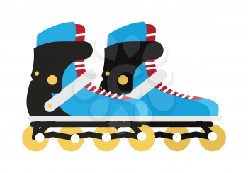 Roller skates isolated on white. Black and blue roller skate boots. Symbol of recreation activity of young people. Sportive hobby in leisure time. Roller skating icon sign. Vector illustration