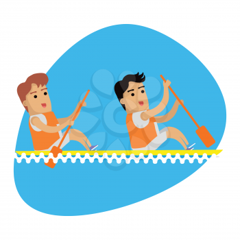 Rowing sport template. Summer games banner. Competitions, achievements, best results. Act of propelling a boat using the motion of oars in the water. Cartoon characters. Vector illustration