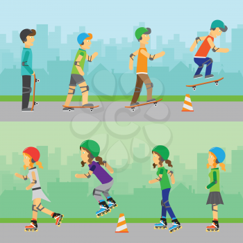 Boys skateboarding and girls roller skating. Guys skateboarding riding and performing tricks using skateboard. Women traveling on surfaces with roller skates. Forms of recreational activity. Vector