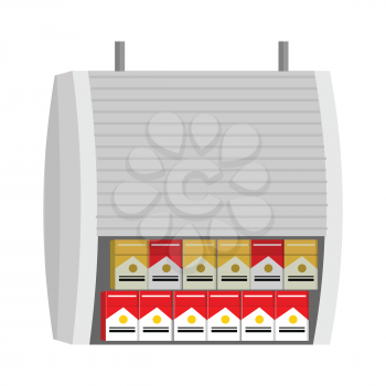 Shelve with cigarettes packs vector illustration. Flat style. Box with protective shutters in grocery store. 