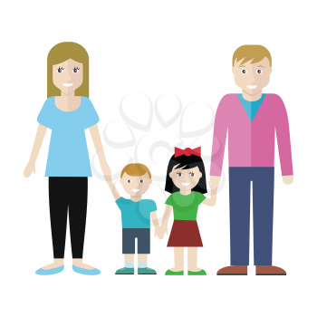 Family concept vector in flat design. Parents with children holding hands. Smiling boy and girl with father and mother standing together. Couple with son and daughter illustration. Isolated on white.