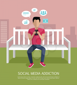 Social media addiction concept vector. Flat design. Man character seating on bench with mobile phone. Social networks icons around. People online communication picture for infographics, web design. 