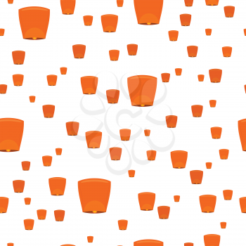 Seamless pattern with sky lanterns isolated on white. Orange Kongming lantern or Chinese lantern. Hot air balloon made of paper, with opening at bottom where small fire is suspended. Vector illustrati