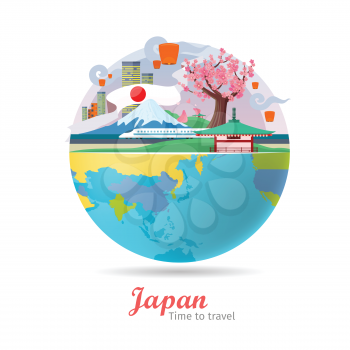 Japan tourism poster design with attractions on the background of the globe. Time to travel. Japan landmark. Japan travel poster design in flat. Travel composition with famous landmarks.