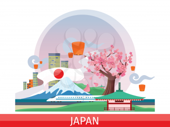 Japan vector concept. Vacation journey in Asia. Illustration with planet surface, city landscape, mount Fuji, lanterns, sakura tree, pagoda, train. Japanese tourist attractions. For travel company ad