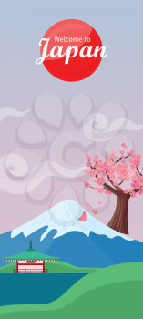 Welcome to Japan. Japan tourism poster design with attractions. Japan natural landscape with mountain, sakura, house, valley. Japan landmark. Japan travel poster design in flat. Travel composition.