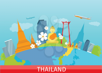 Thailand travelling banner. Landscape with traditional Thai landmarks. Skyscrapers and private buildings. Nature and architecture. Part of series of travelling around the world. Vector illustration