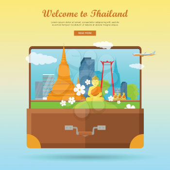 Welcome to Thailand concept web banner. Flat style vector. Vacation in Asia. Suitcase with city landscape, Buddhist architecture and monuments. For travel company landing page, corporate site design