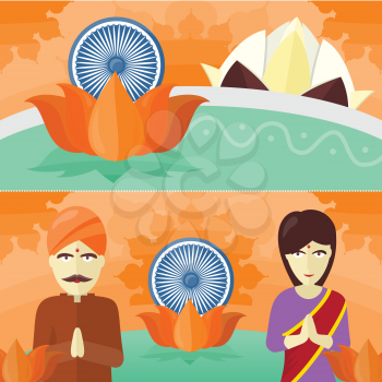 India travelling banner. Time to travel. Landscape with traditional Indian landmarks. Nature and architecture. Lotus. Temple and flower. Buddhism. Part of series of travelling around world. Vector