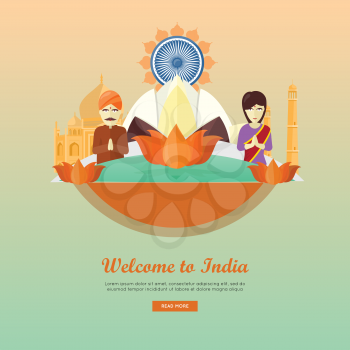 Welcome to India conceptual web banner. Flat style vector. Vacation in Asia. Lotus ornament, indian architecture and peoples illustrations. For travel company landing page, corporate site design