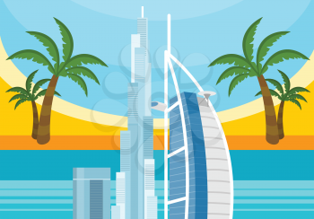 United Arab Emirates travelling banner. Landscape with traditional arabic landmarks. Skyscrapers and private buildings. Nature and architecture. Part of series of travelling around the world. Vector