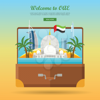 Welcome to UAE. United Arab Emirates travelling banner on photo in the suitcase. Landscape with traditional arabic landmarks. Going to vacation. Part of series of travelling around the world. Vector