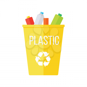 Yellow recycle garbage bin with plastic. Reuse or reduce symbol. Plastic recycle trash can. Trash can icon in flat. Waste recycling. Environmental protection. Vector illustration.
