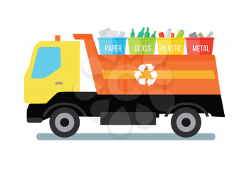 Garbage truck transporting colored recycle waste bins with paper, glass, plastic, metal. Garbage tipper with trash. Waste recycling concept. Cargo truck. Vector illustration in flat style design.