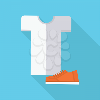 Clothing and footwear vector illustration in flat style. T-shirt and running shoe picture for fashion, sport activity shopping concepts, web pages, app icons, infographics, logotype design.  