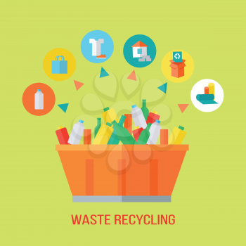 Waste recycling process. Rubbish bin with different trash. Sorting waste as paper, glass, plastic, cloth, rubber. Environmental protection. Garbage destroying. Flat style design. Vector illustration