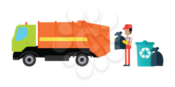Utilities garbage removal vector concept illustration. Flat design. Garbage team worker with trash bag in hands standing near truck and trash containers. Cleaning city streets. Isolated on white.