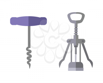 Wing and basic corkscrew in flat. Corkscrew icon. Corkscrew for opening bottles with cork. Metal modern corkscrew. Isolated object in flat design on white background. Vector illustration.
