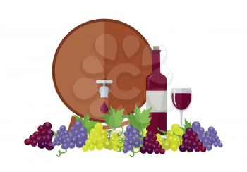 Wooden barrel with wine. Different sorts of grapes. Bottle and glass of check elite vintage strong wine. Bunches or clusters of grapes. Part of series of viniculture production items. Vector