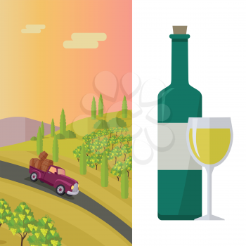 Wine production banner. Bottle of wine, beaker, vineyard, wooden barrel, with grape valley on background. Creative advertisement poster for white wine. Part of series of viniculture preparation. Vecto