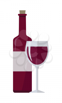 Bottle of red wine and glass isolated on white. Check elite vintage strong wine. Winemaking concept. Vine icon or symbol. Part of series of viniculture production and preparation items. Vector