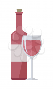 Bottle of rose wine and glass isolated on white. Check elite vintage light wine. Winemaking concept. Vine icon or symbol. Part of series of viniculture production and preparation items. Vector