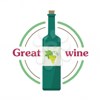 Great wine botlle with white wine isolated. Check elite vintage light wine. Winemaking concept. Vine icon or symbol. Part of series of viniculture production and preparation items. Vector