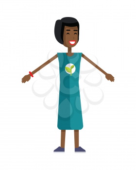Smiling woman with branch and leaves emblem on clothes, standing as part of human chain. Ecologist, environmentalist, nature protection activist or volunteer illustration. Flat design. Earth day.