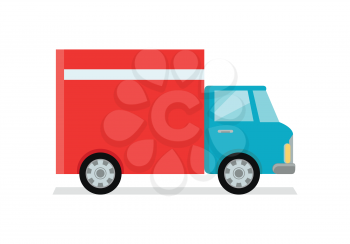 Lorry truck worldwide warehouse delivering. Logistics container shipping and distribution. Transportation to any part of world. Overland delivering. Loading and unloading boxes. Vector illustration
