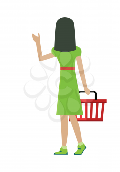 Woman customer character vector template. Flat design. Buyer in grocery shop. Woman in green dress with basket in hand taking goods on white background. Consumer choice and shopping in mall concept.  