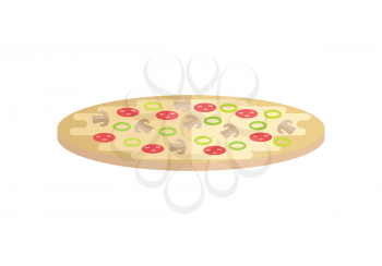 Pizza vector Illustration. Flat style design. Traditional italian pizza with vegetables and mushrooms. Illustration for pizzeria, restaurant ad, logo design, delivery service. isolated on white.    