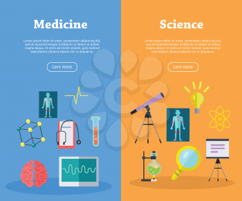 Medicine and science concept vector web banners. Flat style. Vertical illustration for educational, medical and scientific online services startups, corporate web sites, business landing pages design