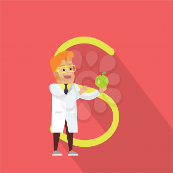 Science alphabet vector concept. Flat style. ABC element. Scientist man in white gown standing with green apple in hand, letter S behind. Educational glossary. On red background with shadow  
