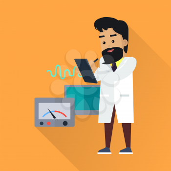 Scientist at work illustration. Vector in flat style. Scientific icon. Male in white gown takes the readings from laboratory instruments. Educational experiment. On orange background with shadow