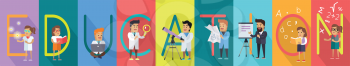 Education banner. Science alphabet. ABC vector with scientists at work. Simple colored letters and scientist character. Scientific research, learning, science test, technology illustration in flat
