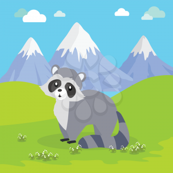 Funny raccoon sitting on green grass on background of mountain landscape. Gray raccoon with striped tail. Animal adorable mammal raccoon vector character. Natural background. Wildlife character